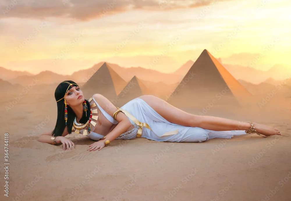 Egypt Style Rich Luxury Woman. Sexy beautiful girl goddess Queen Cleopatra lies on yellow sand desert pyramids. Art ancient pharaoh costume white dress gold accessories Black hair wig Egyptian makeup
