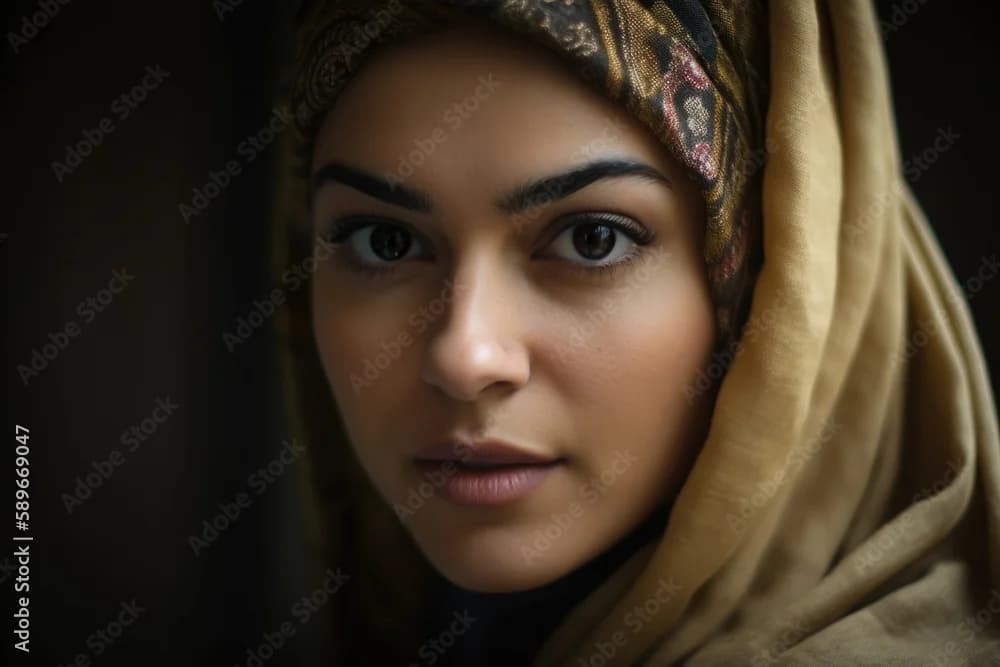 Portrait of a beautiful Egyptian woman with kohl-lined eyes and a serene expression wearing a traditional headscarf'', generative ai