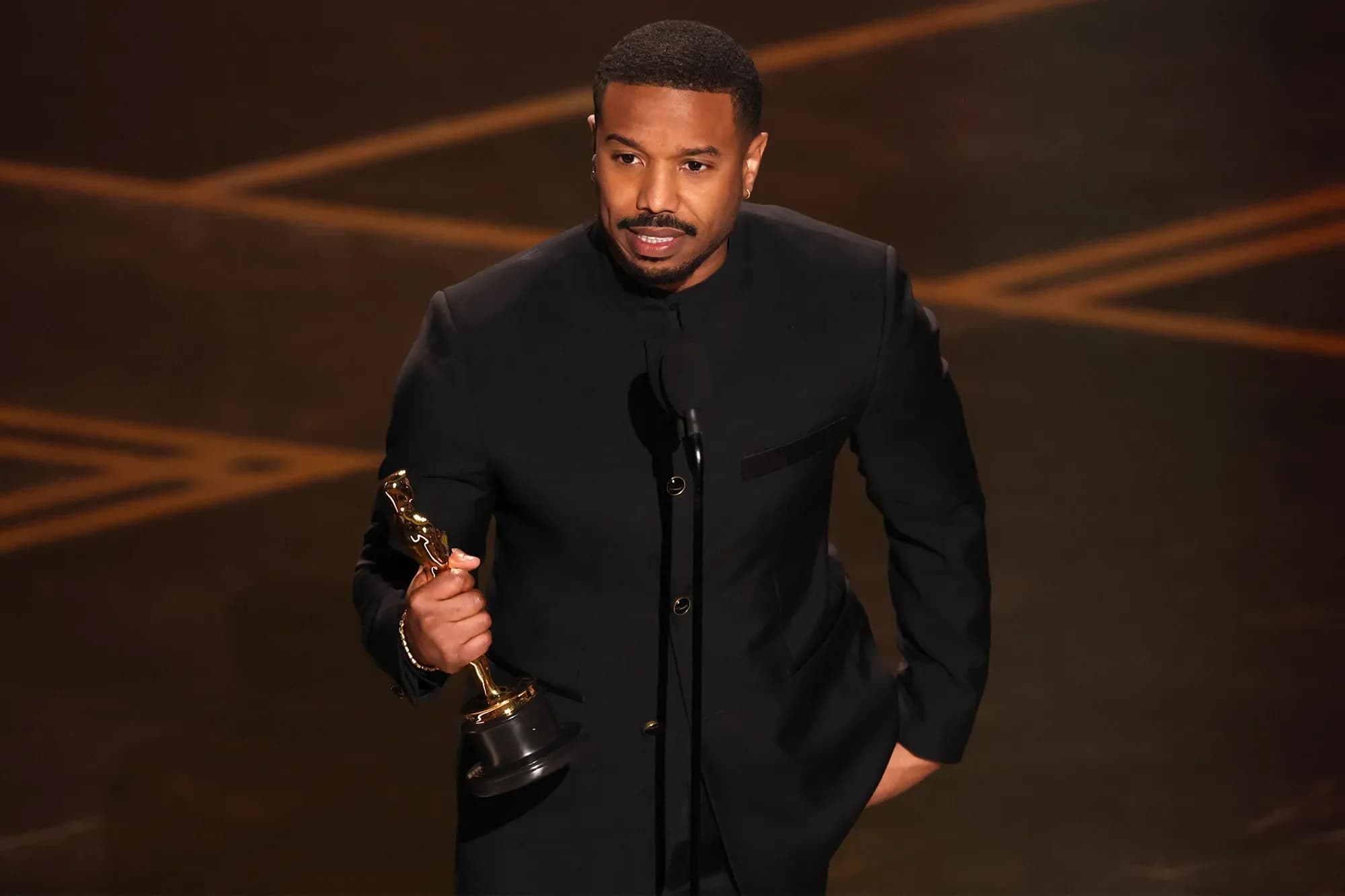 US actor Michael B. Jordan accepts the award for Best Actor in a Leading Role for "Sinners" onstage during the 98th Annual Academy Awards at the Dolby Theatre in Hollywood, California on March 15, 2026.