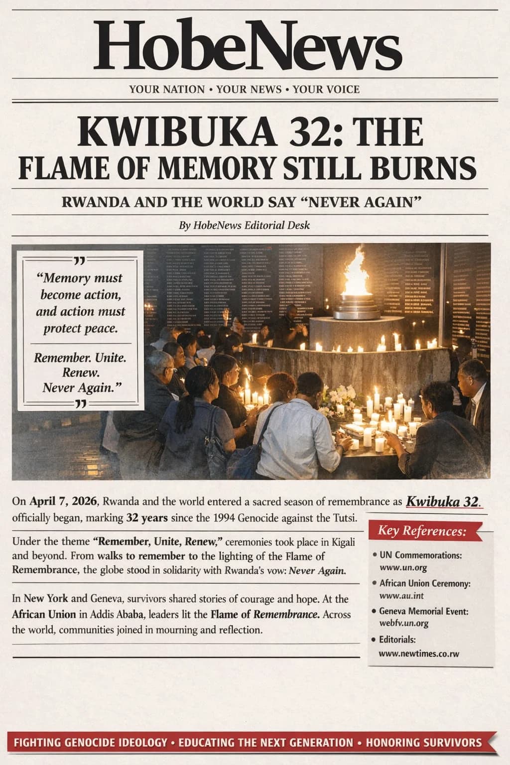 Kwibuka 32: The Flame of Memory Still Burns as Rwanda and the World Say “Never Again”