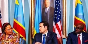 DRC Foreign Minister Thérèse Wagner, US Secretary of State Marco Rubio and Rwanda’s Foreign Minister Olivier Nduhungirehe during the signing of the US-brokered peace agreement between Rwanda and the DRC in Washington, DC, on June 27, 2025.